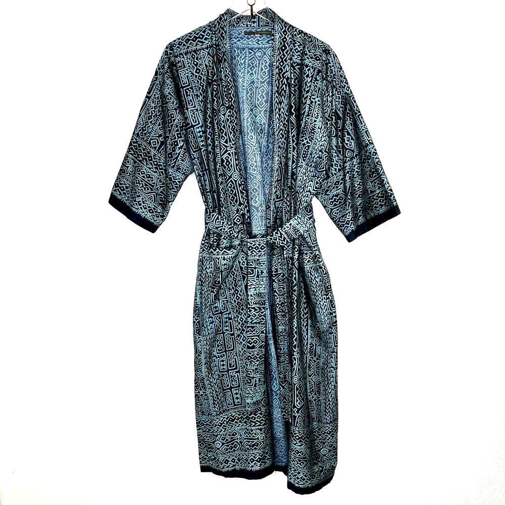 Peruvian Connection 100% Pima Cotton Robe Tribal Print Green Pockets MEDIUM